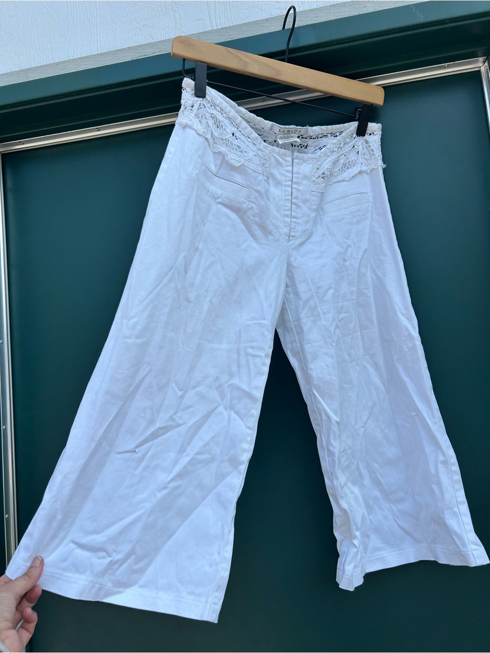 La Belle White Wide-Leg Pants with Lace Trim Waist